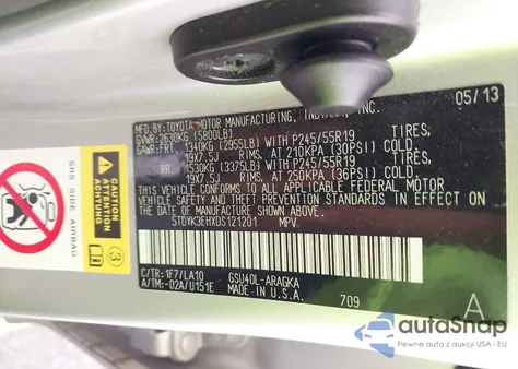 2013 Toyota Highlander Limited V6 z USA, uszkodzony, nr VIN 5TDYK3EHXDS121201